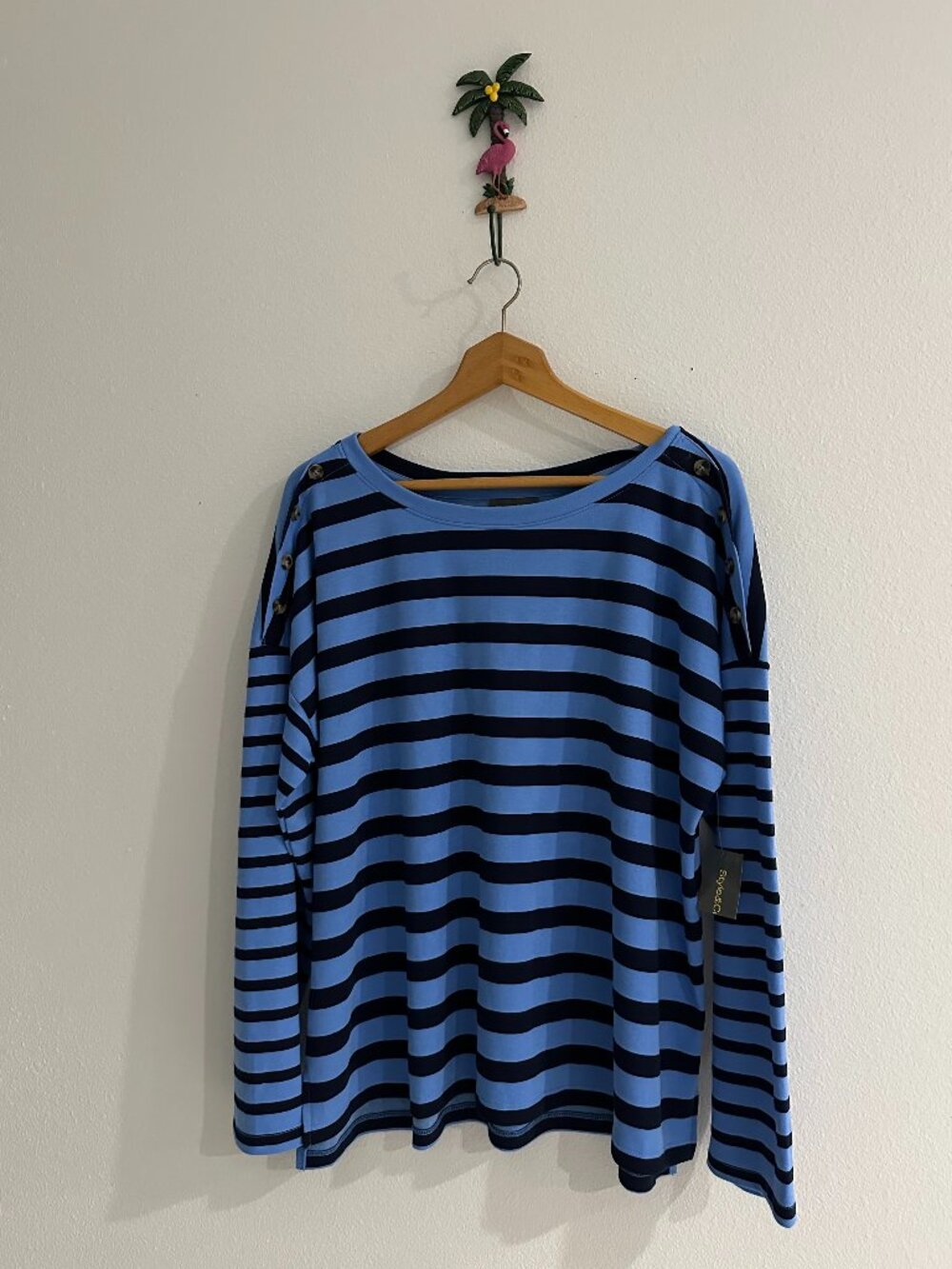 NWT Style & Co Blue Black Striped Button Shoulder Top XL